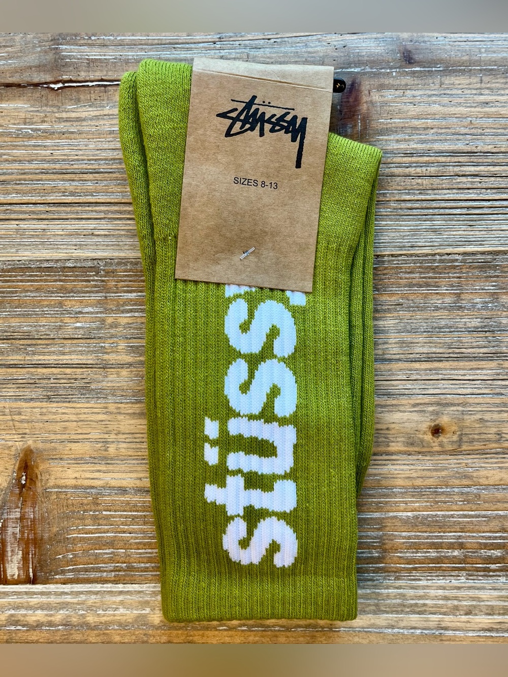 NWT Stussy Helvetica Jacquard Crew Socks Green Olive Men's Size 8-13 White Logo